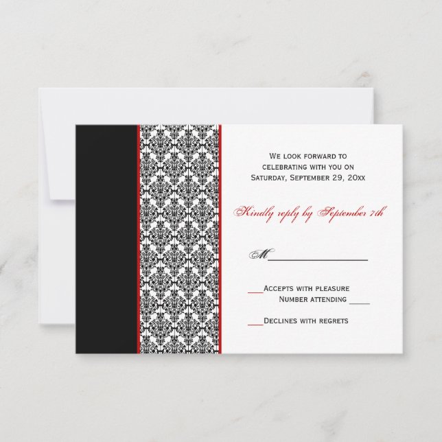 Black White Red Damask RSVP Card (Front)