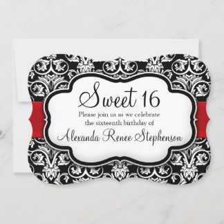 Black/White/Red Damask Shaped Sweet 16 Girls Party Invitation