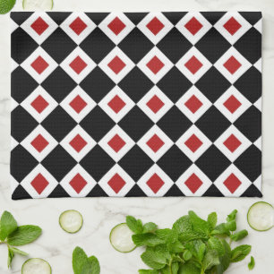 Black, White, Red Diamond Pattern Tea Towel