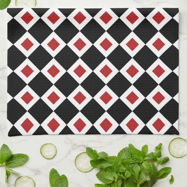 Black, White, Red Diamond Pattern Tea Towel (Folded)