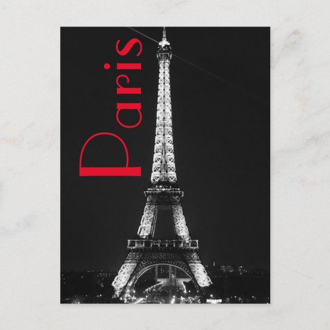 Black White Red Eiffel Tower in Paris Night Postcard (Front)