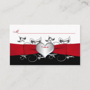 Black, White, Red Floral, Heart Placecard