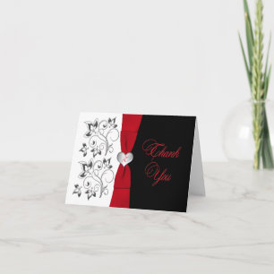 Black White Red Floral, Heart Thank You Card