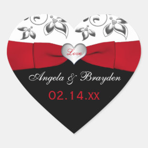 Black White Red Floral Heart Wedding Favour Sticke Heart Sticker