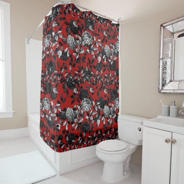 Black White Red Floral Toile Garden Shower Curtain (In Situ)
