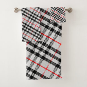 Black White Red Gingham   Classic Chequered Fabric Bath Towel Set