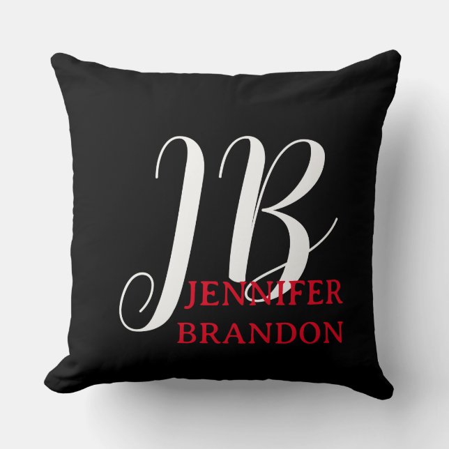Black White Red Handwriting Monogram Add Name Cushion (Front)
