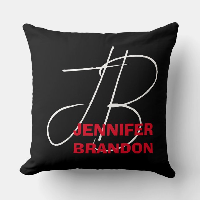 Black White Red Handwriting Monogram Add Name Cushion (Front)