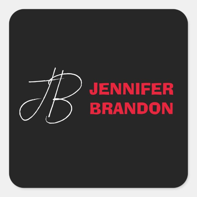 Black White Red Handwriting Monogram Add Name Square Sticker (Front)