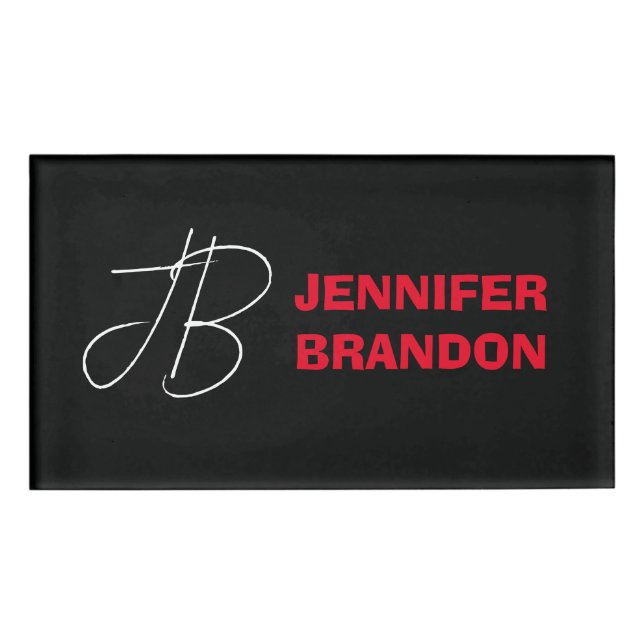 Black White Red Handwriting Monogram Add Name Tag (Front)
