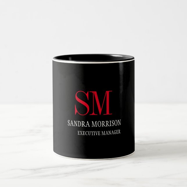 Black White Red Handwriting Monogram Minimalist Two-Tone Coffee Mug (Center)
