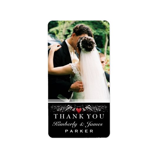 Black & White Red Heart Wedding Thank You Photo Address Label