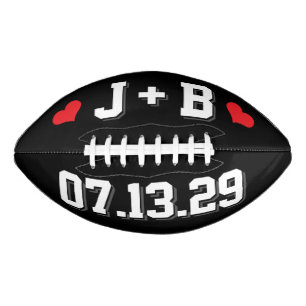 BLACK WHITE & RED HEARTS Wedding Initials and Date Football