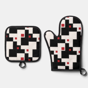 Black White Red Modern Vintage Patchwork Oven Mitt & Pot Holder Set