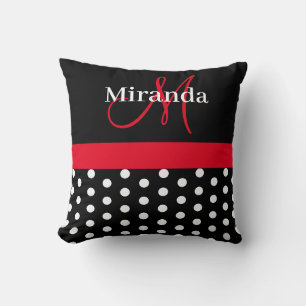 Black White Red Monogram Script Polka Dots Cushion
