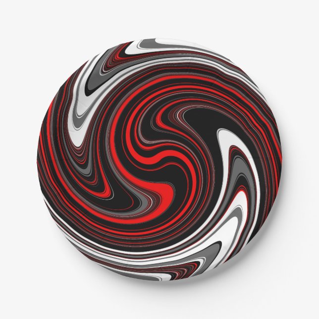 Black White Red Paint Swirl Paper Plate (Front)
