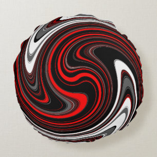Black White Red Paint Swirl Round Cushion