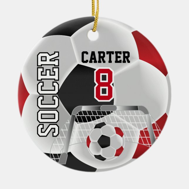 Black, White & Red Personalise Soccer  ⚽💖 Ceramic Ornament (Front)