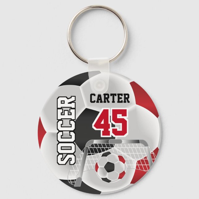 Black, White & Red Personalise Soccer  ⚽💖 Key Ring (Front)