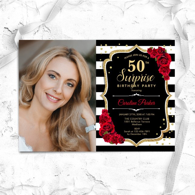 Black White Red Photo Surprise 50th Birthday Invitation (Creator Uploaded)