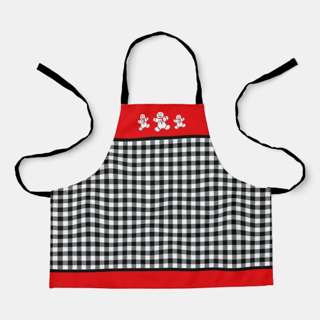 Black White Red Plaid Gingerbread Men Small Apron (Front)