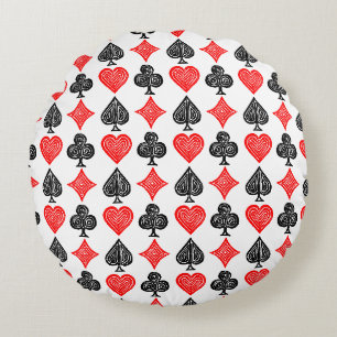 Black/White/Red Playing Card All Symbols Lino Cut Round Cushion