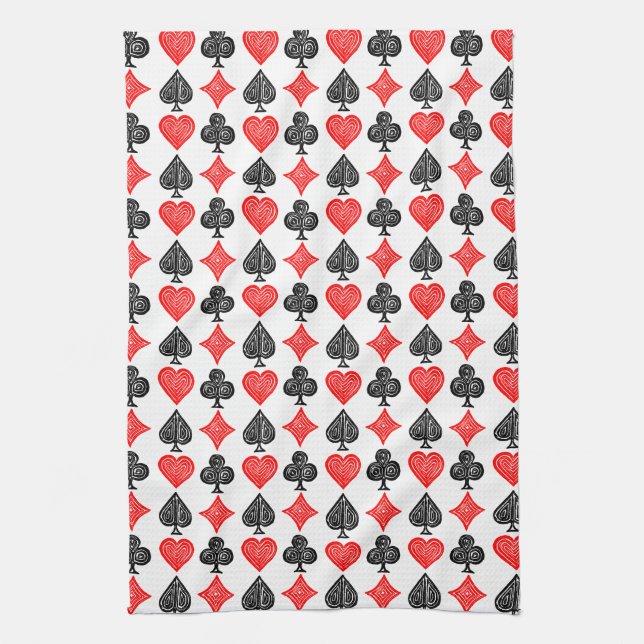Black/White/Red Playing Card All Symbols Lino Cut Tea Towel (Vertical)