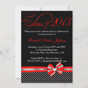 Black White Red Polka Dot Graduation Invitation