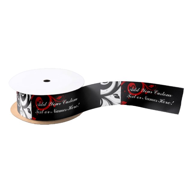 Black White Red Reverse Swirl Personalised Satin Ribbon (Spool)
