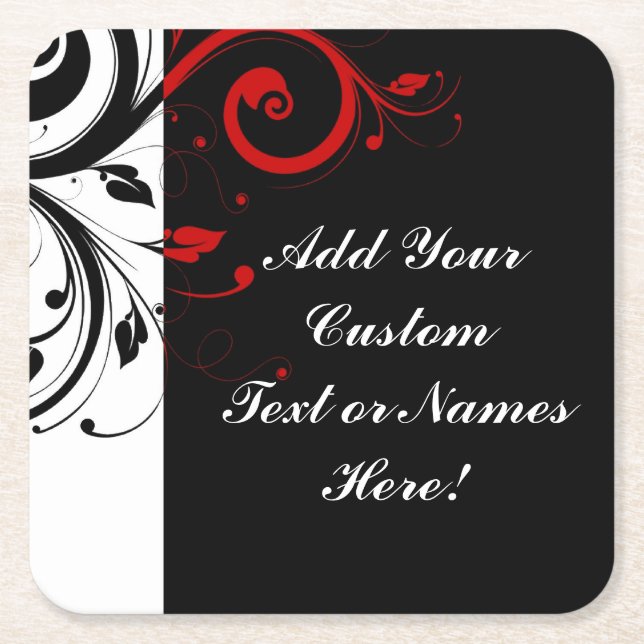 Black White Red Reverse Swirl Personalised Square Paper Coaster (Front)