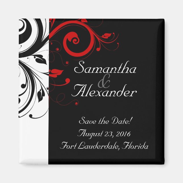 Black, White, Red Reverse Swirl Wedding Magnets II (Front)