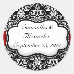 Black/White/Red Ribbon Damask Wedding Classic Round Sticker
