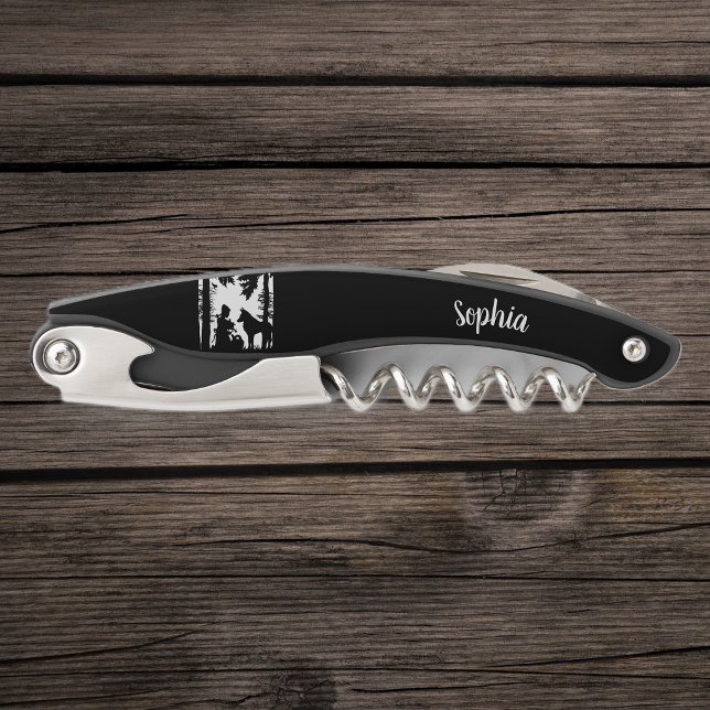 Black White Red Riding Hood Wolf Under Trees Corkscrew (Black white silhouette image of red riding hood kneeling under trees with the wolf on corkscrew.)