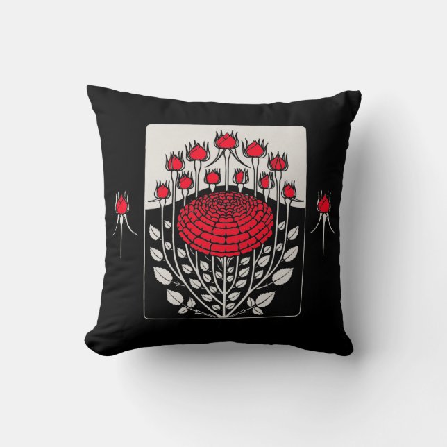 BLACK WHITE RED ROSES ,ROSEBUDS Art Nouveau Floral Cushion (Front)