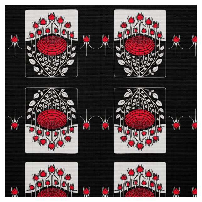 BLACK WHITE RED ROSES ,ROSEBUDS Art Nouveau Floral Fabric (Swatch)