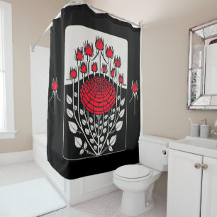 BLACK WHITE RED ROSES ,ROSEBUDS Art Nouveau Floral Shower Curtain