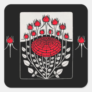 BLACK WHITE RED ROSES ,ROSEBUDS Art Nouveau Floral Square Sticker