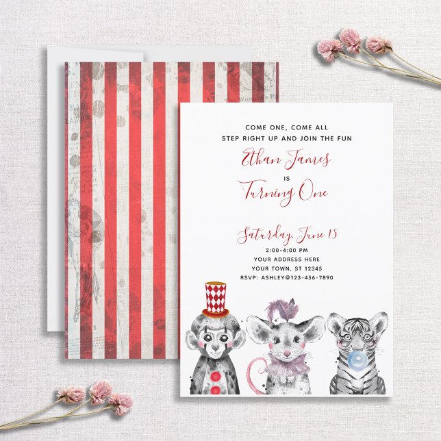 Black White Red Script Circus 1st Birthday Party Invitation (Creator Uploaded)