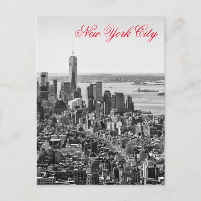 Black White Red Script New York City Manhattan Postcard (Front)