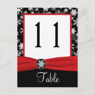Black, White, Red Snowflakes Table Number Card