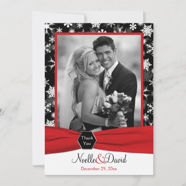 Black, White, Red Snowflakes Thank You Card - Flat (Front)