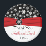 Black, White, Red Snowflakes Wedding Favour Magnet<br><div class="desc">This black and white snowflakes wedding favour thank you magnet with FAUX red ribbon and snowflake medallion matches the wedding invitation shown below. All the text is customisable, and you can change the size and shape. If you require any other matching items in this design, please email your request to...</div>