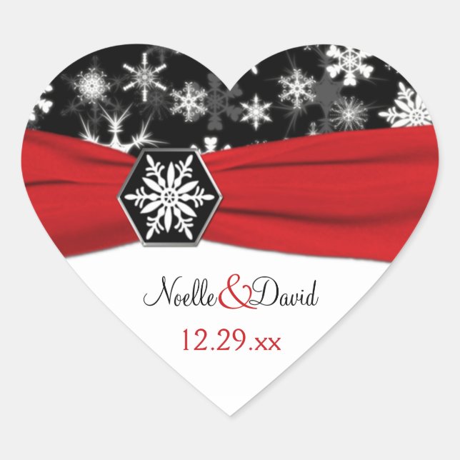 Black, White, Red Snowflakes Wedding Sticker (Front)