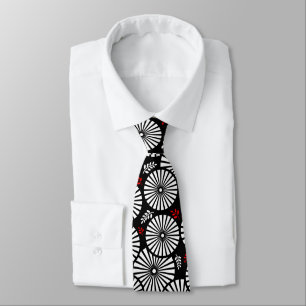 Black White Red Sunburst Retro Floral Geometric Tie