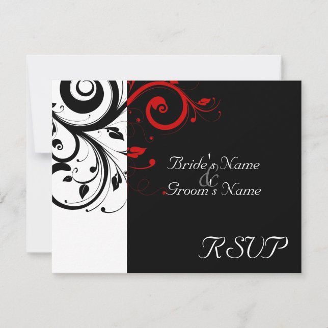 Black +White Red Swirl Wedding Matching RSVP Card (Front)
