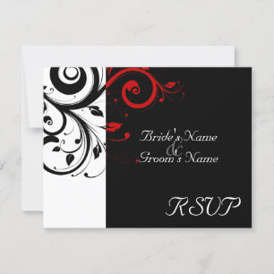 Black +White Red Swirl Wedding Matching RSVP Card