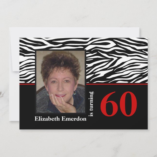 Black white red zebra print 60th birthday photo invitation (Front)