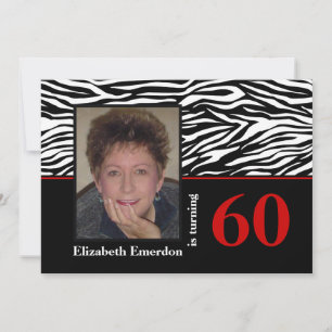 Black white red zebra print 60th birthday photo invitation