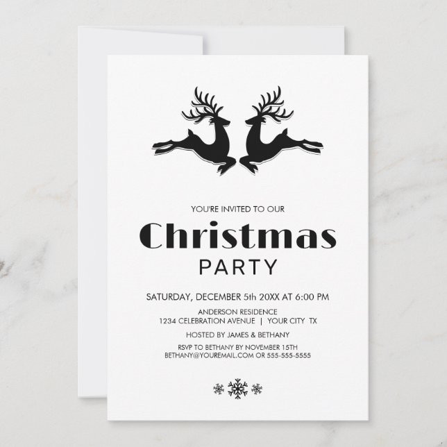 Black White Reindeer Christmas Party Invitation (Front)