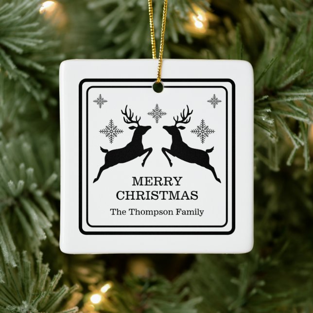 Black & White Reindeers With Snowflakes Christmas Ceramic Ornament (Tree)